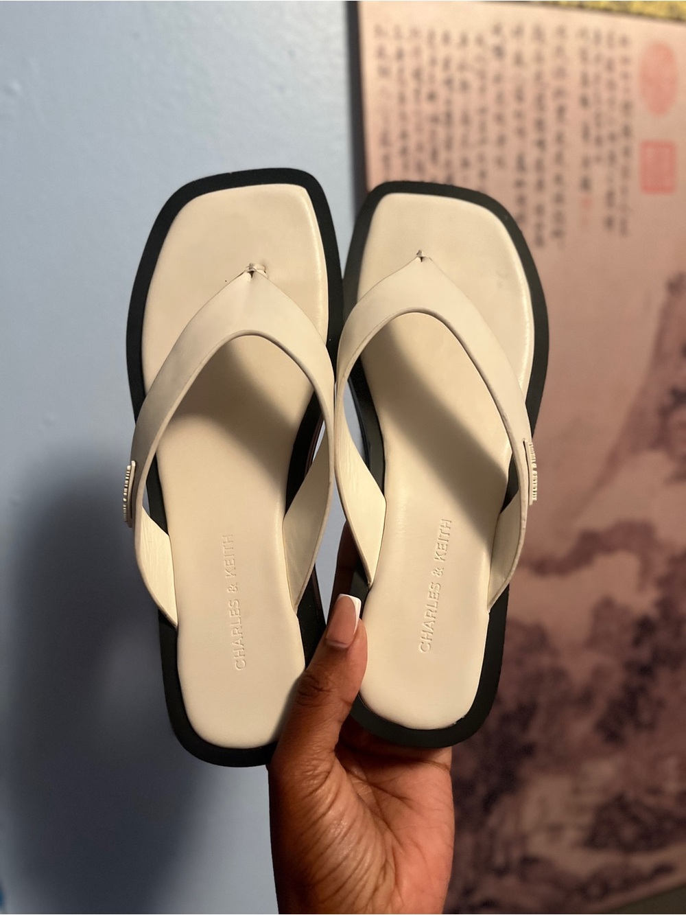 Charles & Keith Cream Flip Flop Sandals with Black Sole